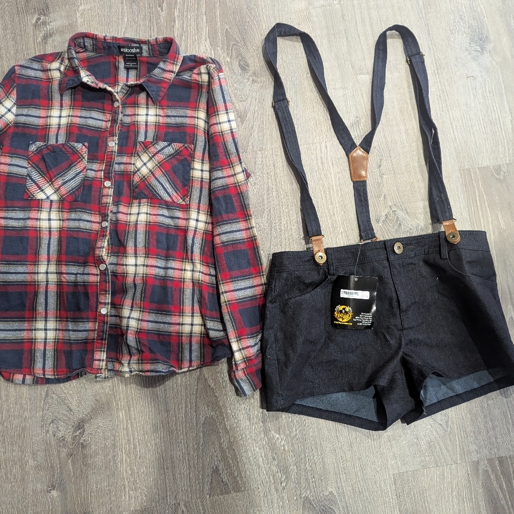 Spirit Halloween Lumberjack Costume Dark Blue Suspender Shorts and Flannel s